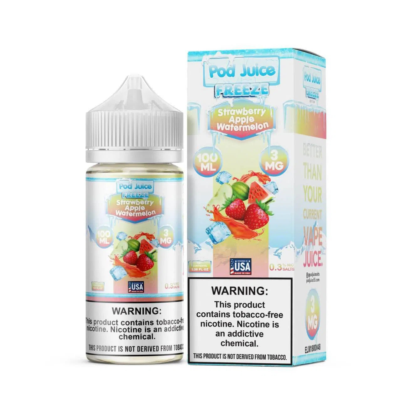 Pod Juice Synthetic Nicotine E-Juice 100ml-Pod Juice-Strawberry Apple Watermelon Freeze 3mg-NYC Glass