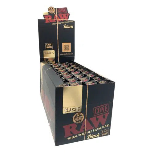 RAW Black Classic Cone 1 1/4 & King Size - 32pk Box-RAW-1¼ Full Box: 32 Packs =192 Cones-NYC Glass