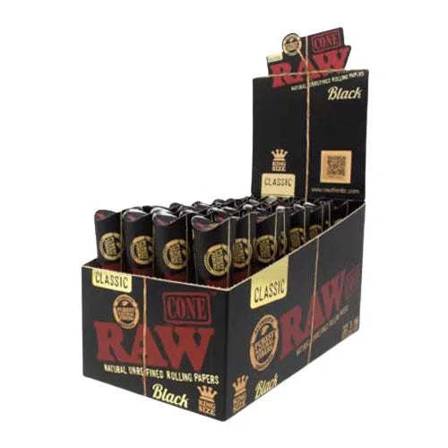 RAW Black Classic Cone 1 1/4 & King Size - 32pk Box-RAW-King Size Full Box: 32 Packs = 96 Cones-NYC Glass