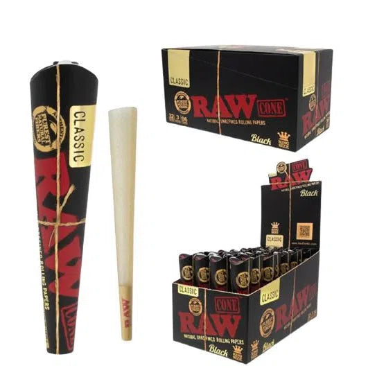RAW Black Classic Cone 1 1/4 & King Size - 32pk Box-RAW-1¼ Full Box: 32 Packs =192 Cones-NYC Glass
