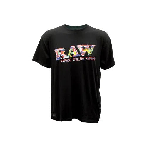 RP X Raw 100% Modal Short Sleeve Black T-Shirt w/ Multi-Flag Raw Logo-RAW Apparel-RAW-NYC Glass