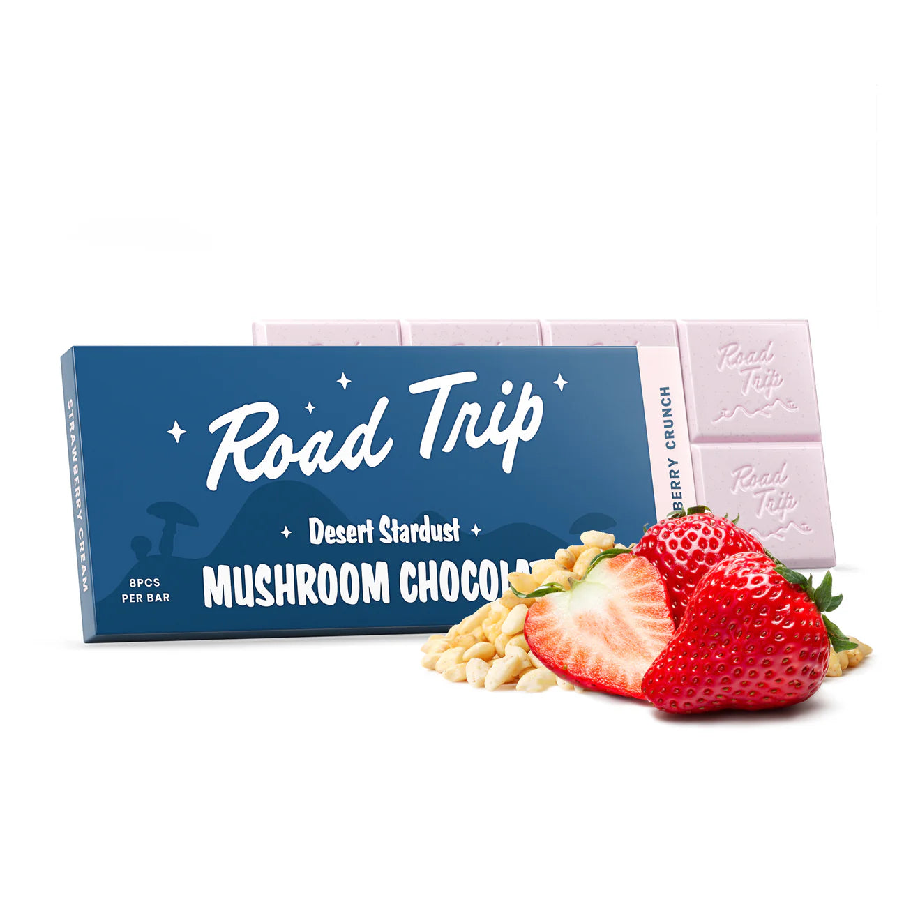 Road Trip Desert Stardust mushroom chocolate bar in blue packaging with strawberries and white chocolate chips.