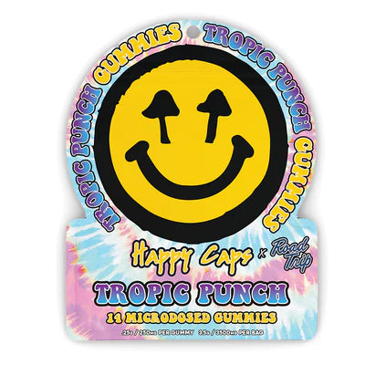 Happy Caps x Road Trip Tropic Punch microdosed gummies in a tie-dye pouch with a yellow smiley face.