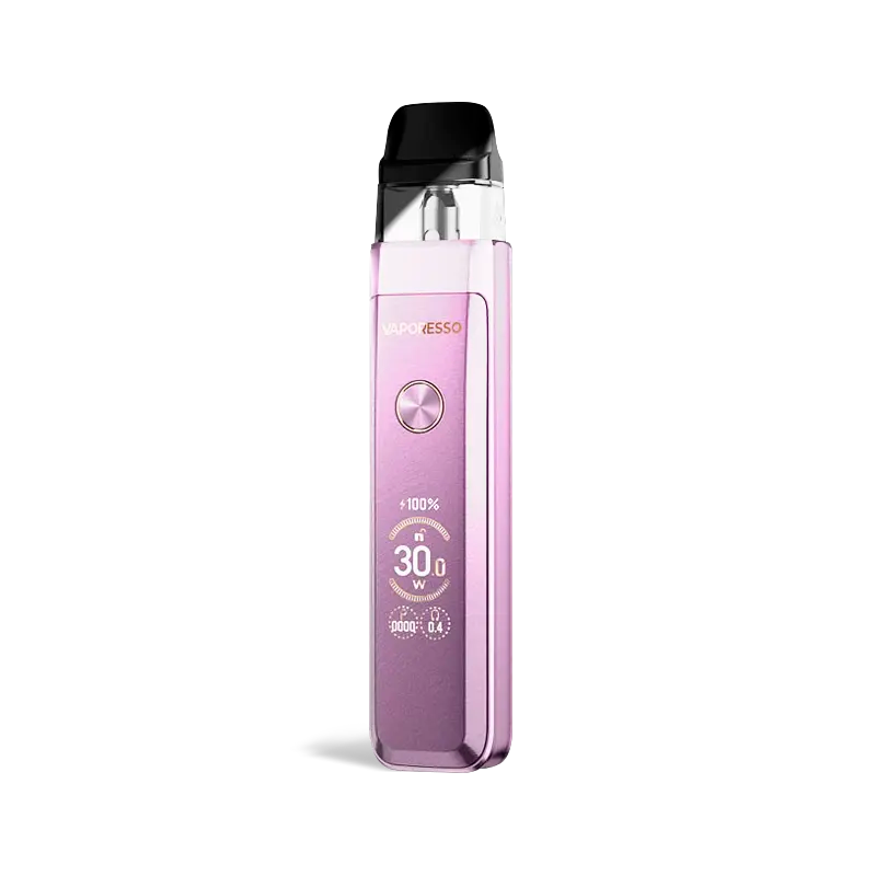Vaporesso XROS Pro 2 pod system in Moonlit Pink, showing its sleek metallic body, screen, and button.