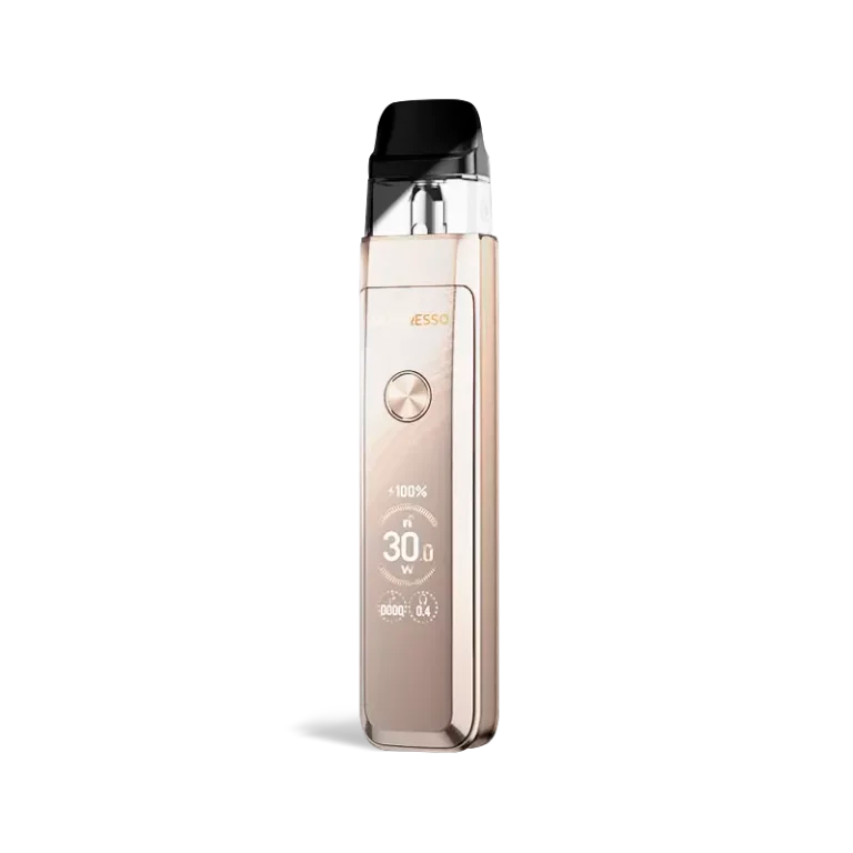 Vaporesso XROS Pro 2 Pod System in Glittering Gold, featuring a sleek metallic finish, black mouthpiece, and clear display.