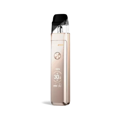 Vaporesso XROS Pro 2 Pod System in Glittering Gold, featuring a sleek metallic finish, black mouthpiece, and clear display.