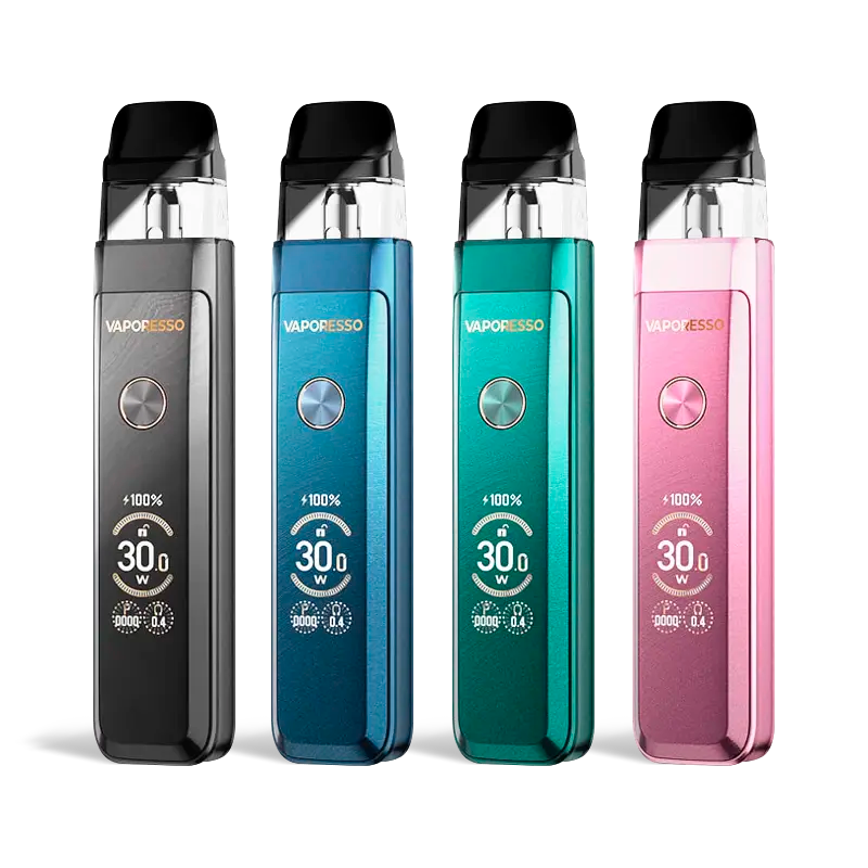 Four Vaporesso XROS Pro 2 pod systems in black, blue, green, and pink metallic finishes.