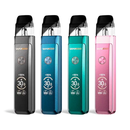 Four Vaporesso XROS Pro 2 pod systems in black, blue, green, and pink metallic finishes.