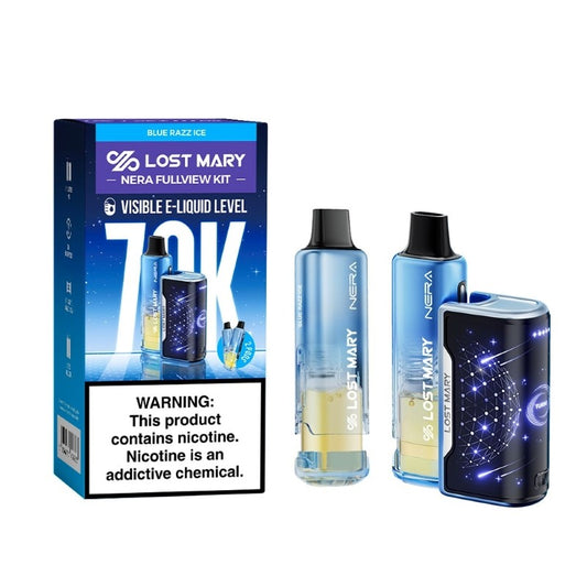 Lost Mary Nera Fullview 70K Blue Razz Ice vape kit with two pods and rechargeable device.