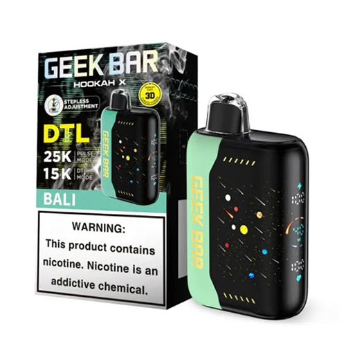 Black Geek Bar Hookah X 25K disposable vape with mint green side panel and colorful cosmic design, next to its box.