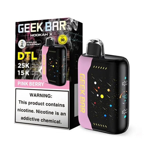 Geek Bar Hookah X 25K disposable vape in Pink Berry, featuring a black body with pink accents and colorful star graphics.