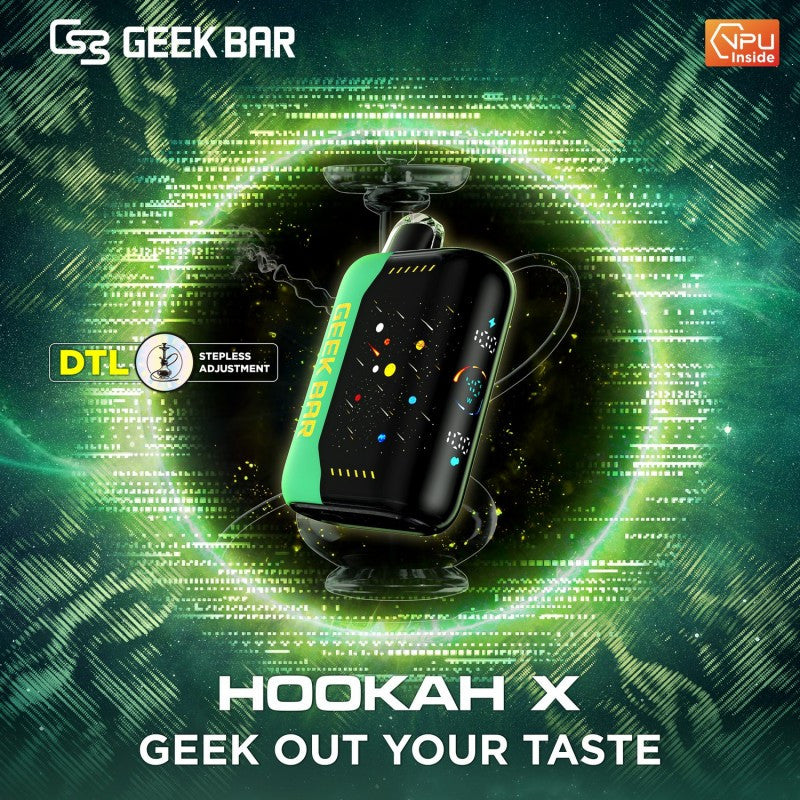 Black and green Geek Bar Hookah X 25K disposable vape with a 3D curved display, shown against a futuristic green background.