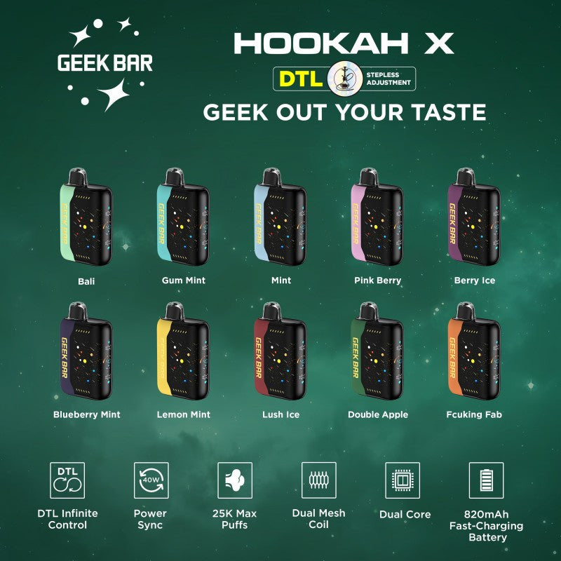 Colorful Geek Bar Hookah X 25K disposable vapes in various flavors, featuring a sleek design and display.