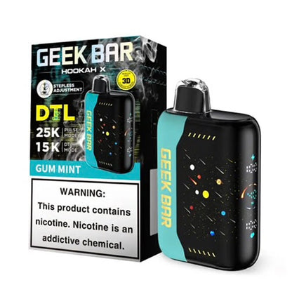 Black Geek Bar Hookah X 25K disposable vape with teal accents and colorful speckles, next to its packaging.
