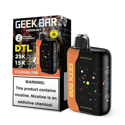 Geek Bar Hookah X 25K disposable vape in black with orange accents and a starry design, next to its packaging.