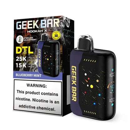 Geek Bar Hookah X 25K disposable vape in Blueberry Mint, featuring a dark blue device with a starry design and a matching box.