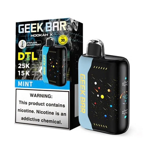 Geek Bar Hookah X 25K disposable vape in Mint, black with a light blue side panel and colorful starry design.