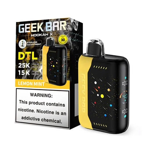 Black and yellow Geek Bar Hookah X 25K disposable vape with colorful dots, next to its product box.