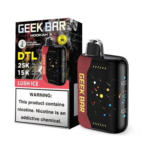 Geek Bar Hookah X 25K disposable vape in Lush Ice flavor, black with a red side panel and colorful cosmic design.