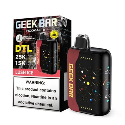 Geek Bar Hookah X 25K disposable vape in Lush Ice flavor, black with a red side panel and colorful cosmic design.
