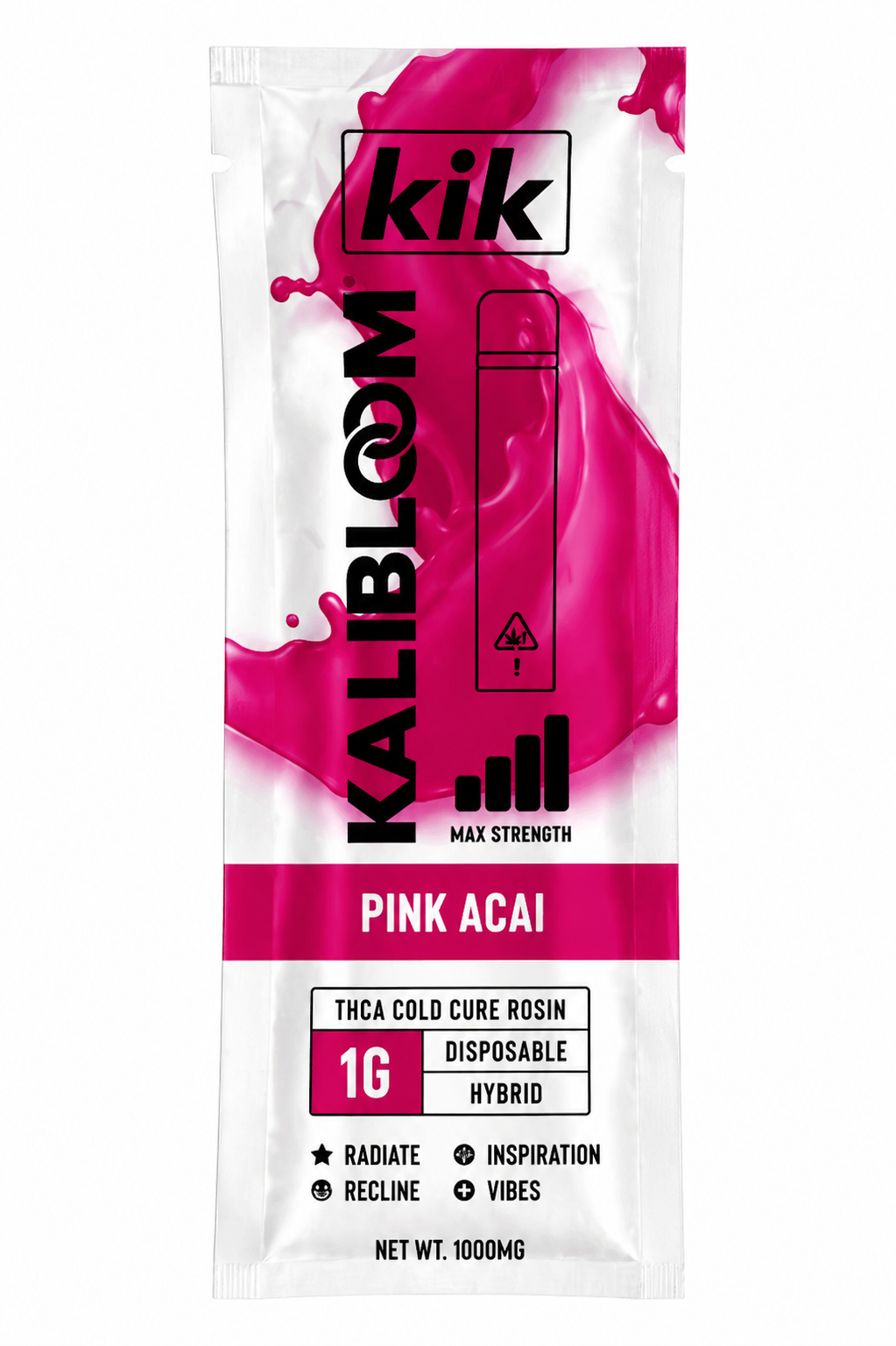 Kalibloom KIK Pink Açaí 1G cold cure rosin disposable vape in white packaging with pink splash design.