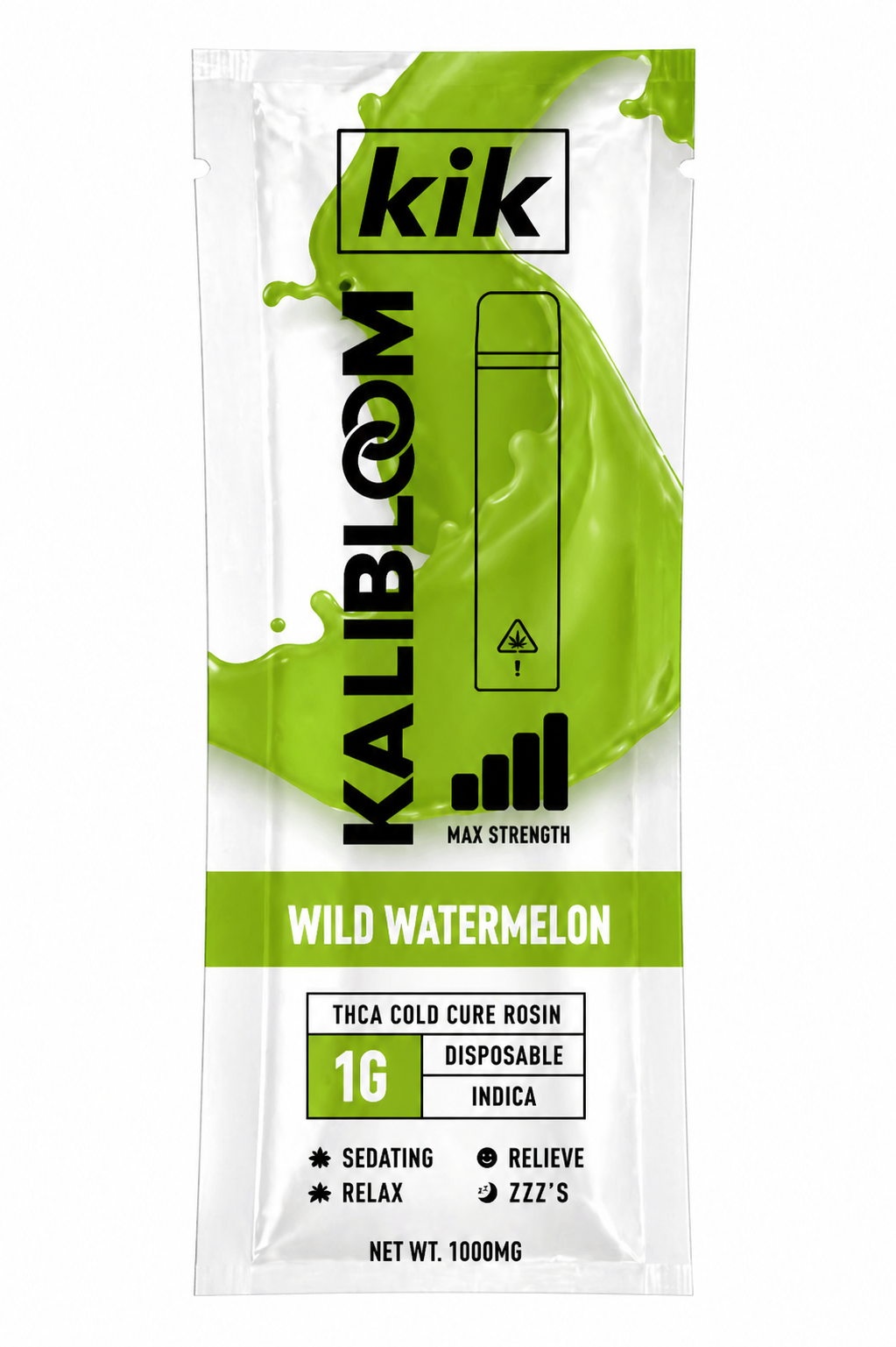 Kalibloom KIK Wild Watermelon 1G THCA Cold Cure Rosin disposable vape in white packaging with green accents.