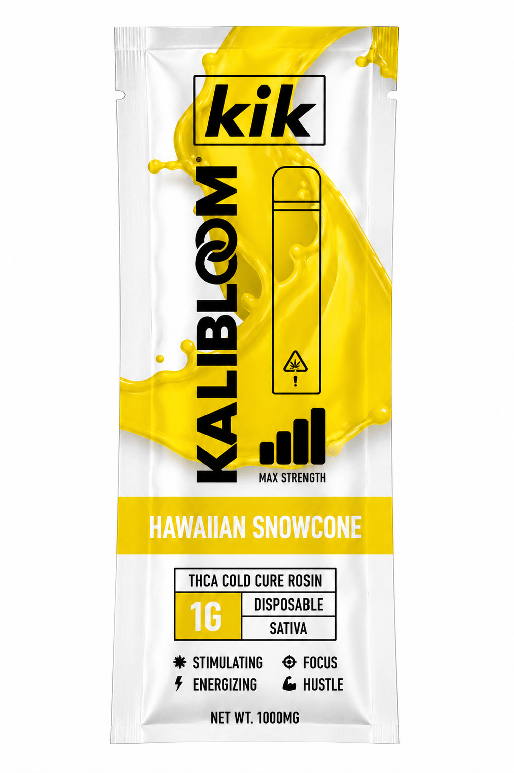 Kalibloom KIK Hawaiian Snowcone 1G Sativa disposable vape in white and yellow packaging.
