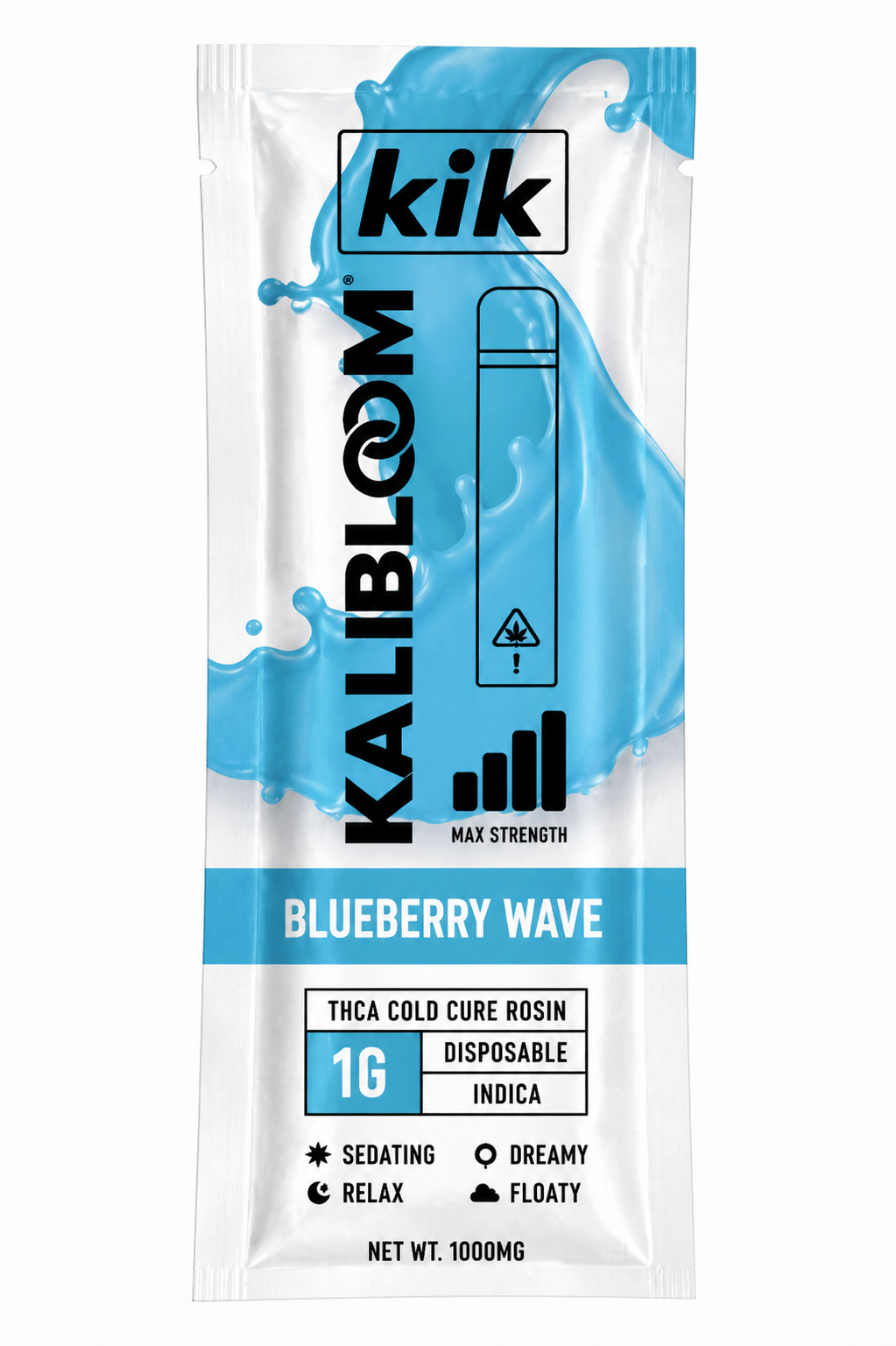 Kalibloom KIK Cold Cure Rosin Disposable Vape 1G in Blueberry Wave, a white pouch with blue liquid splash design.