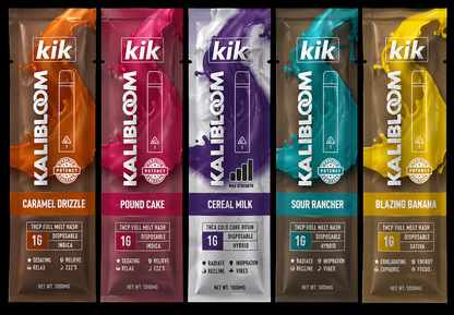 Five Kalibloom KIK THCP disposable vapes in colorful pouches: Caramel Drizzle, Pound Cake, Cereal Milk, Sour Rancher, Blazing Banana.