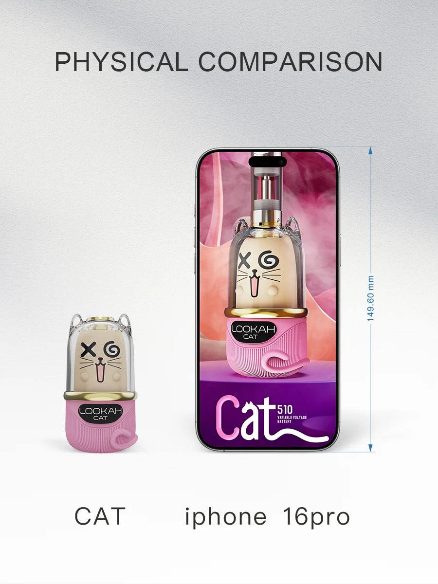 Pink Lookah Cat 510 thread vape battery with a clear glass top, shown next to an iPhone 16 Pro for size comparison.