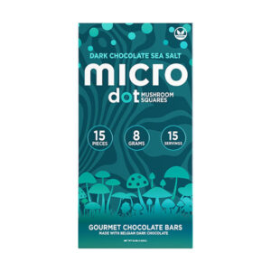 Micro Dot Dark Chocolate Sea Salt mushroom squares bar with teal mushroom design.
