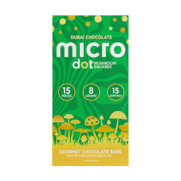 Green Micro Dot Dubai Chocolate bar with gold mushroom design, 15 pieces, 8 grams.