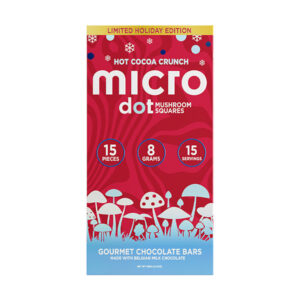Red and blue "Hot Cocoa Crunch" Micro Dot Mushroom Squares chocolate bar, 15 pieces, 8 grams.