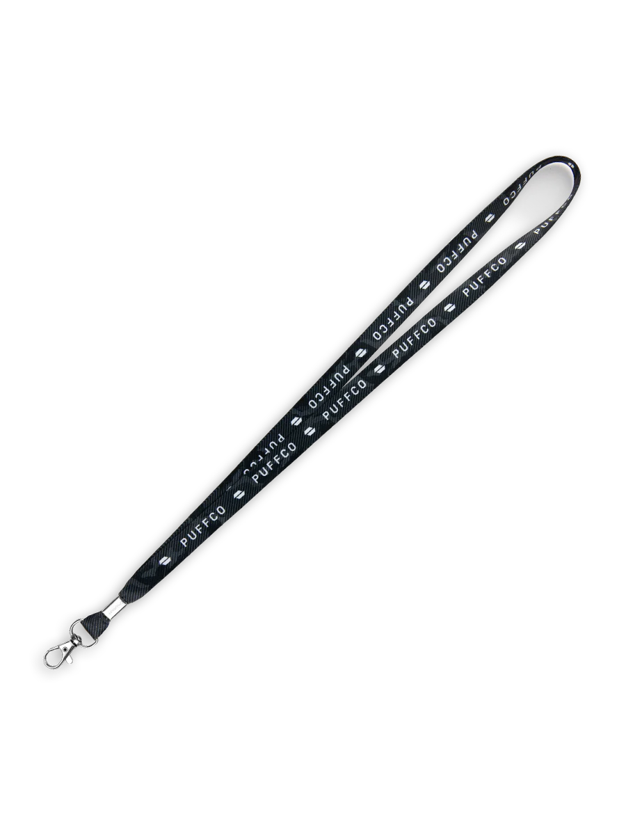 Black Puffco lanyard with white repeated "Puffco" logo and a silver metal swivel clasp.