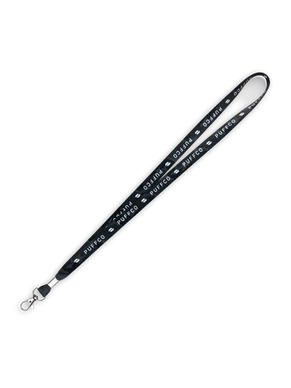 Black Puffco lanyard with white repeated "Puffco" logo and a silver metal swivel clasp.