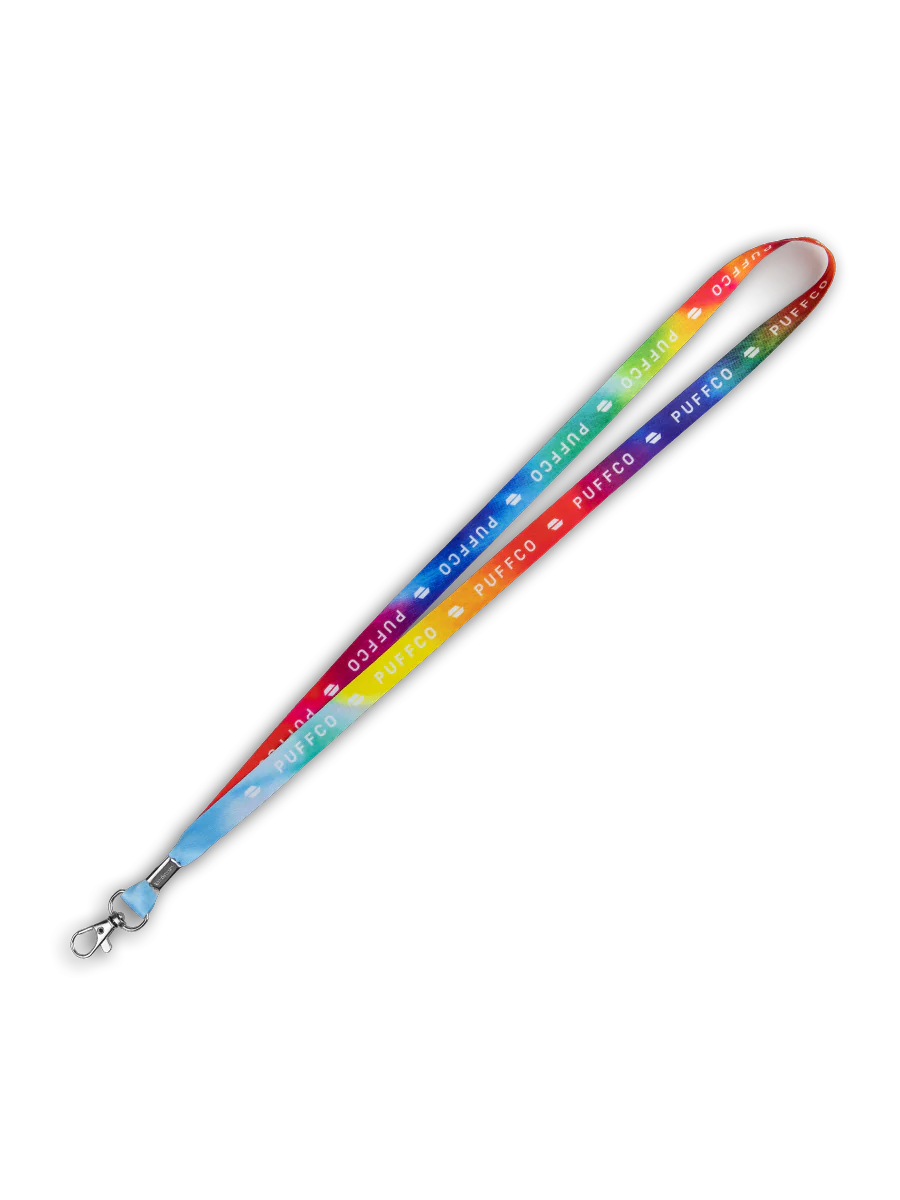 Puffco Tie Dye Lanyard with repeating logo, vibrant rainbow colors, and a silver metal clasp.