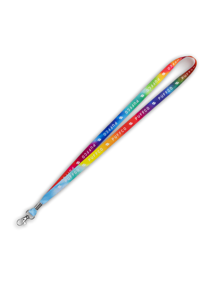 Puffco Tie Dye Lanyard with repeating logo, vibrant rainbow colors, and a silver metal clasp.