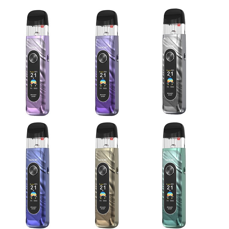 Six SMOK NOVO 6 ULTRA pod systems in purple, lavender, silver, blue, gold, and mineral green.