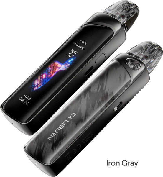 Two Uwell Caliburn G4 Pro Kits in Iron Gray, one angled to show its touchscreen display.
