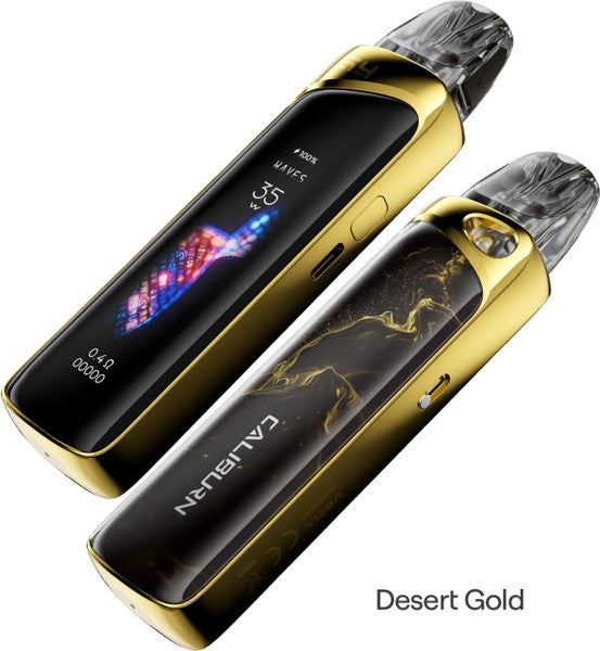 Two Uwell Caliburn G4 Pro Kits in Desert Gold, one showing its touchscreen display, the other with a marbled design.