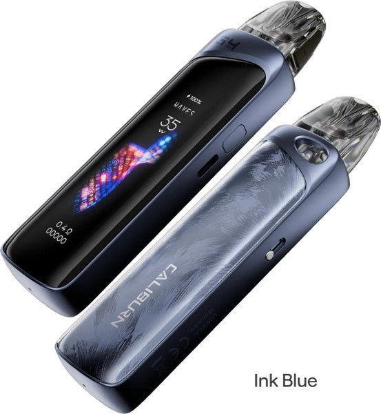 Two Uwell Caliburn G4 Pro Kits in Ink Blue, one showing its touchscreen display and the other its textured back.