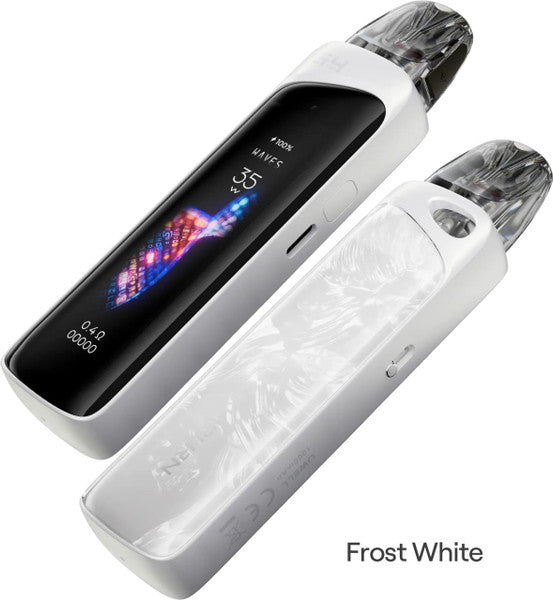 White Uwell Caliburn G4 Pro vape kit with a large touchscreen display and clear pod.
