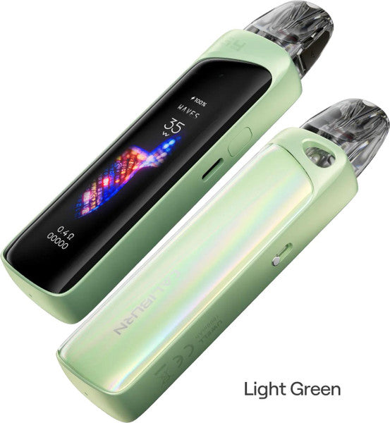Light green Uwell Caliburn G4 Pro pod system with a large touchscreen display and clear pod.