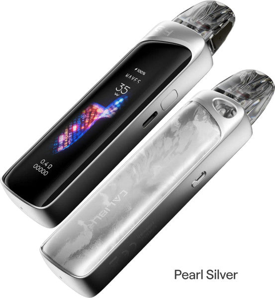 Two Uwell Caliburn G4 Pro Kits in Pearl Silver, one showing its vibrant touchscreen display.