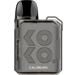 Uwell Caliburn GK2 Pod System Kit in dark transparent grey with textured "KOKO" design and black mouthpiece.