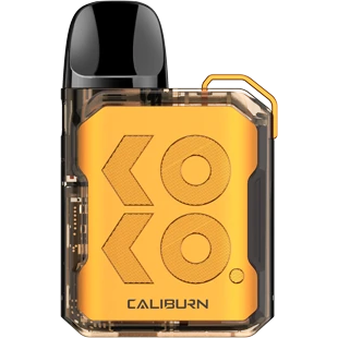 Uwell Caliburn GK2 Pod System Kit in orange, a compact vape with a clear casing and black mouthpiece.