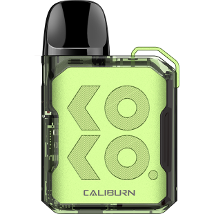 Lime green Uwell Caliburn GK2 pod system with black mouthpiece and clear casing.