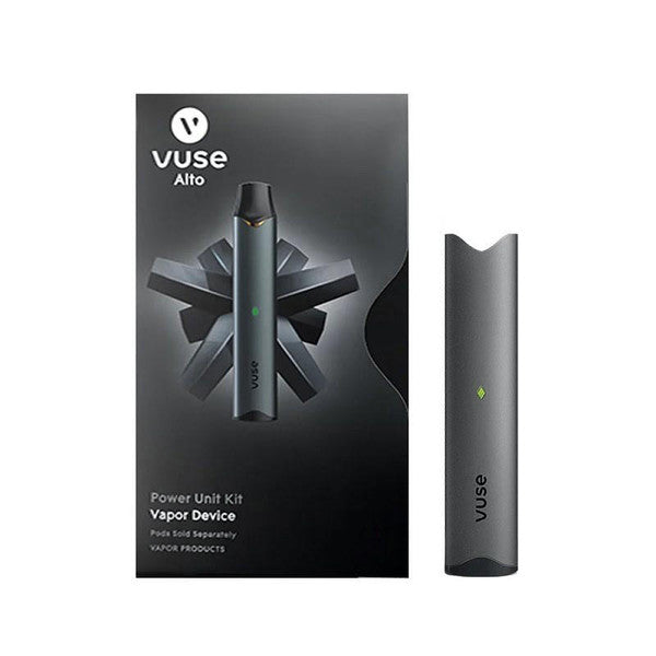 Slate Vuse Alto E-Cig Battery with a slim, smooth metal casing next to its black product box.