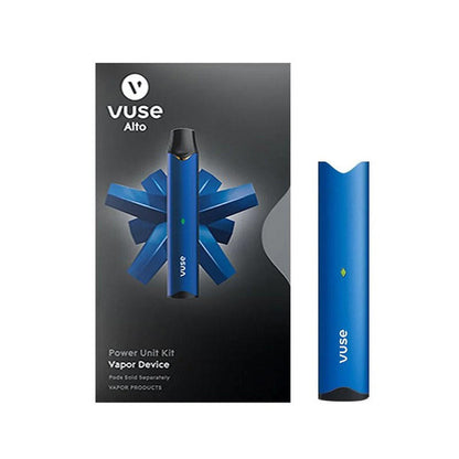 Blue Vuse Alto E-Cig Battery and its packaging, featuring a slim, draw-activated design.