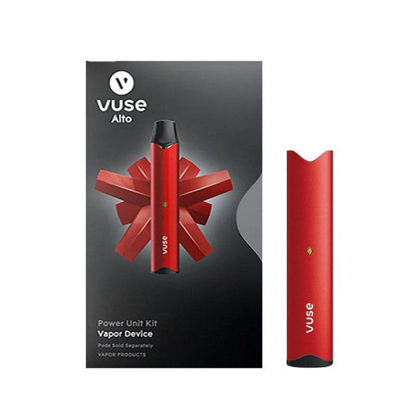 Red Vuse Alto E-Cig Battery with sleek metal casing, next to its black and red product packaging.